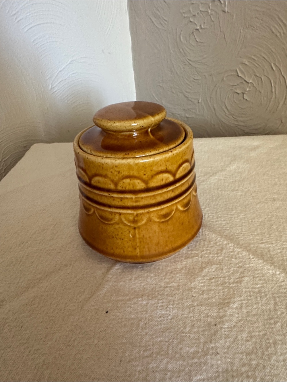 Homer Laughlin Yellow-Brown Stoneware Covered Jar